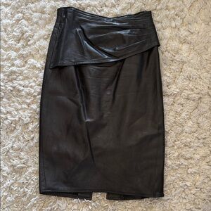 Vakko Black Leather Pencil Skirt with Draped Waist Detail